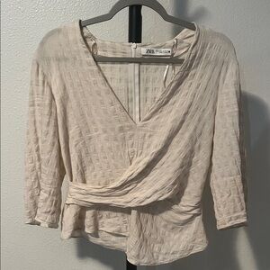 Zara Cream Textured Wrap Blouse Cotton/Linen Blend